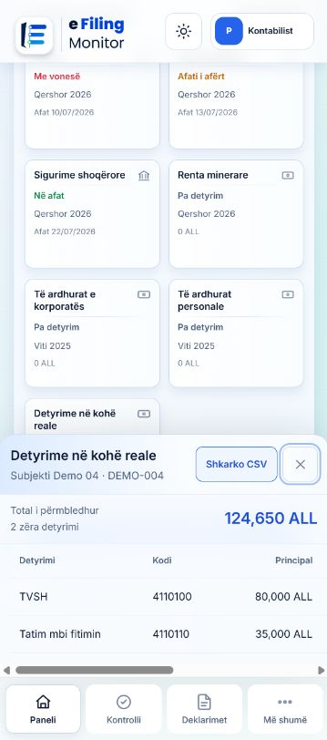 Detyrimet në kohë reale të Subjekti Demo 04 në Samsung Android, me totalin dhe zërat e detyrimit