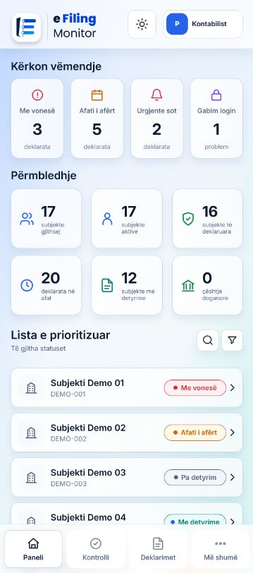 Ekrani i plotë Samsung Android në Light Mode, me header, KPI, listë dhe footer të dukshëm