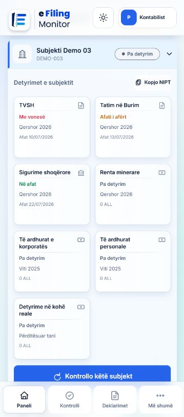 Subjekti Demo 03 i hapur në aplikacionin Samsung Android, me detyrimet dhe footer-in të dukshëm